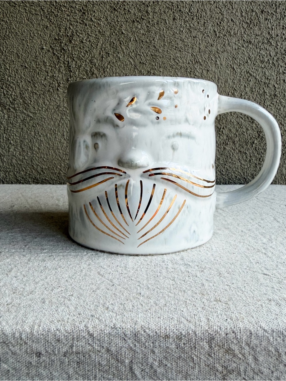 Anthropologie Yuletide Mug Santa Face Christmas Holiday White Gold Discontinued